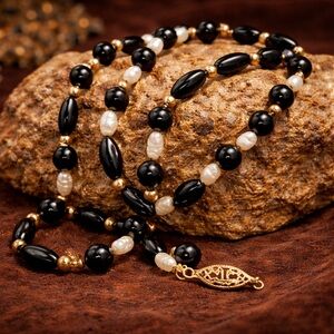 Vintage Black Onyx Rice Pearl Necklace 32” Hand Knotted Gold Clasp